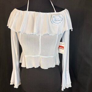 Baby blue Off-Shoulder Mesh Ruffle Top (Blue Flower Detail)